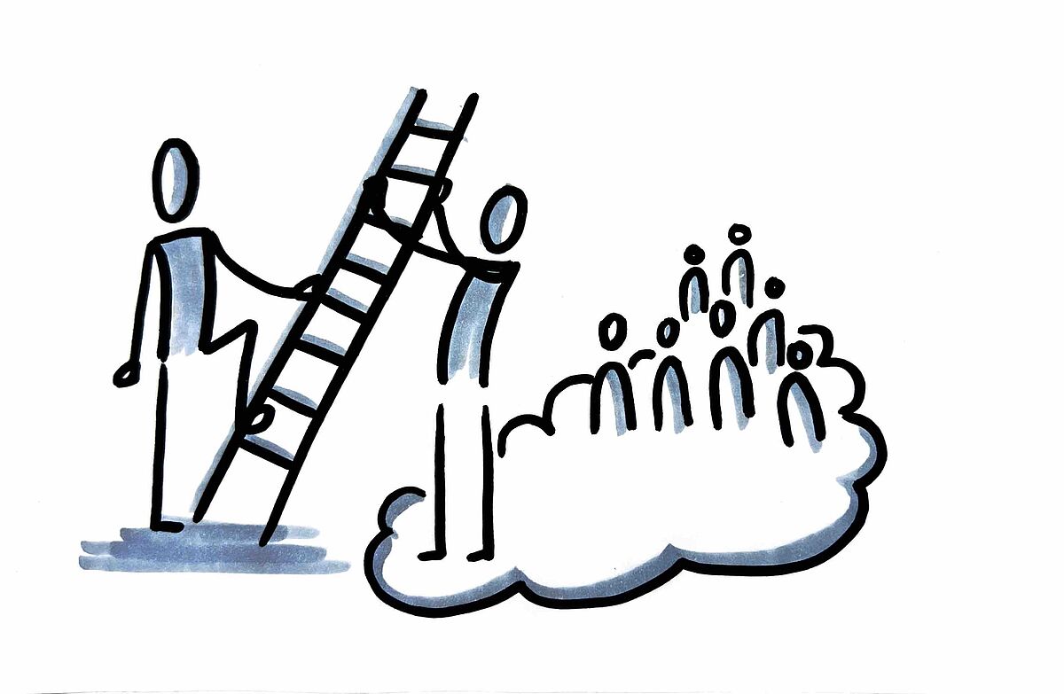 Das Team der Konfliktberatung hilft Ratsuchenden auf dem Weg zur Selbsthilfe. Symbolisch wird eine Leiter für die Ratsuchenden durch ein Mitglied der Konfliktberatung gestützt