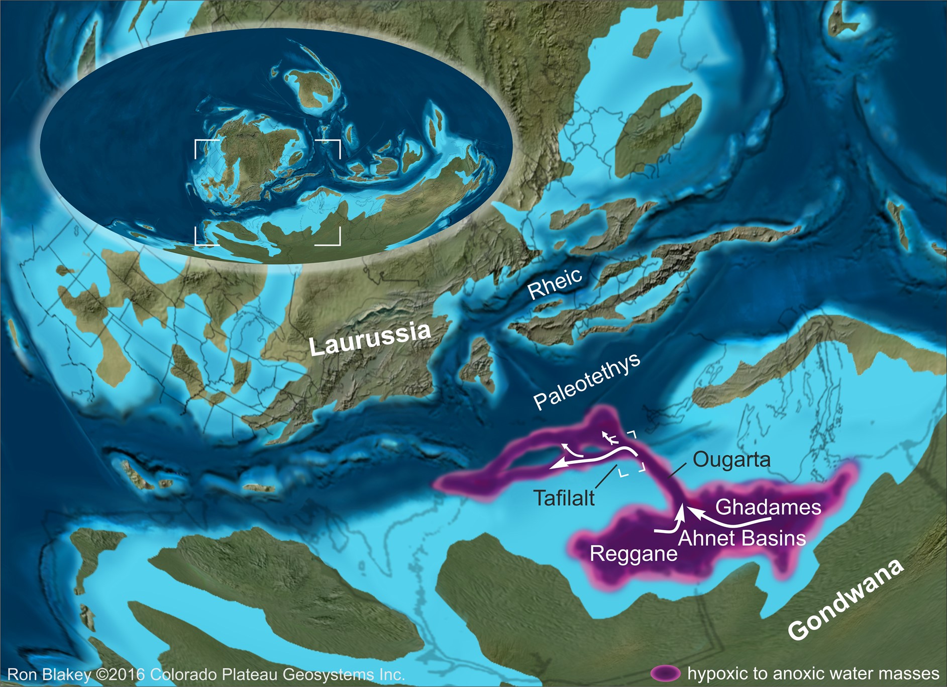 © Ron Blakey © Ron Blakey Palaeogeographic reconstruction of the northwestern edge of Gondwana in the Late Devonian with the reconstructed course of the shelf water cascades and the location of the Tafilalt region in Morocco. © Ron Blakey, 2016, Colorado Plateau Geosystems Inc.