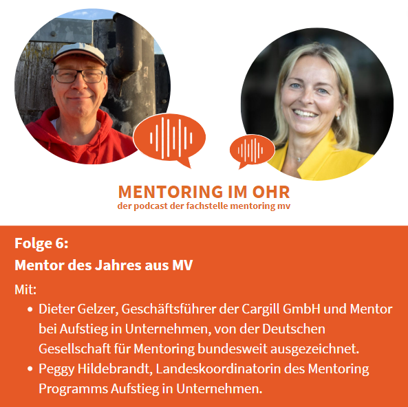 Teil eines Mikrofons und Titel des Podcast mit Sprechblasen, in denen Audio-Wellen zu sehen sind.