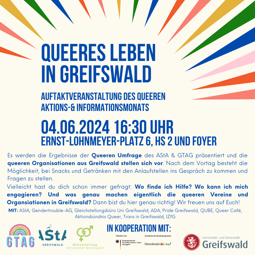 Auf diesem Bild ist die Überschrift Queeres Leben in Greifswald - Auftaktveranstaltung des queeren Aktions- und Informationsmonats zu erkennen. Das Datum des 04.06.2024 um 16:30 Uhr ist zu lesen. 