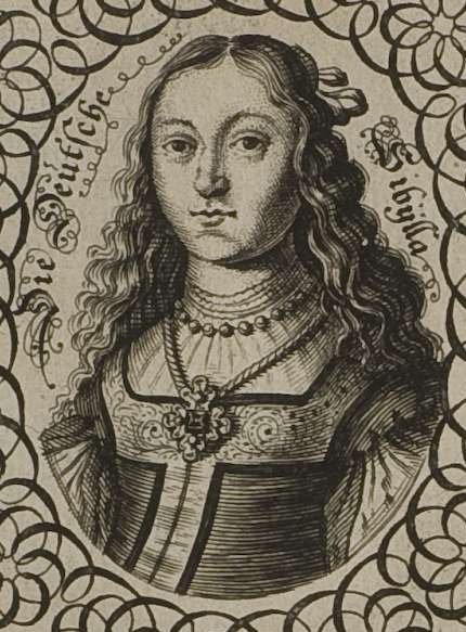 Sibylla Schwarz. Foto: Public domain, via Wikimedia Commons. Eine historische Zeichnung mit Tinte zeigt ein schnörkelig verziertes Portrait eines jungen Mädchens in wohlhabender Kleidung.