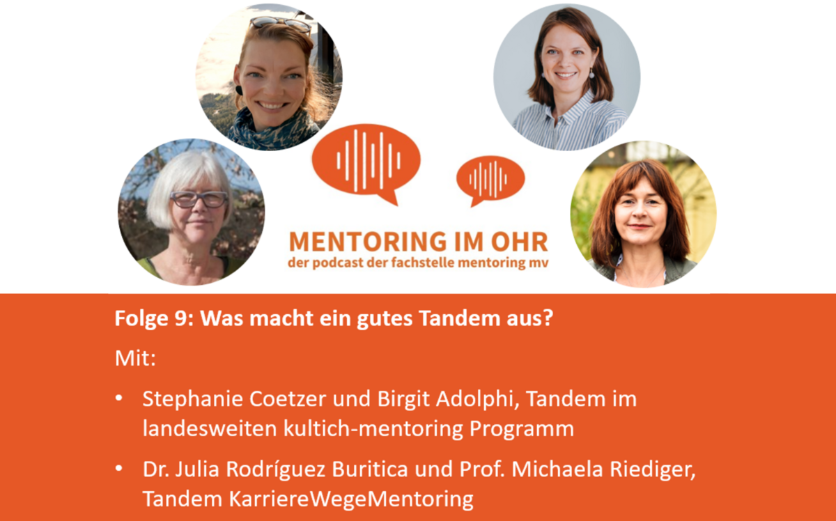 Titelbild der Podcastfolge: Zu sehen sin die Portraits der vier Gesprächspartnerinnen. Text: Mentoring im Ohr - Der Podacst der fachstelle Mentoring MV. Folge 9 "Was macht ein gutes Tandem aus?" Mit: Dr. Julia Rodríguez Buritica und Prof. Dr. Michaela Riediger, Tandem KarriereWegeMentoring / Universitätsprogramme und Stephanie Coetzer und Birgit Adolphi, Tandem im landesweiten kultich-Mentoring-Programm.