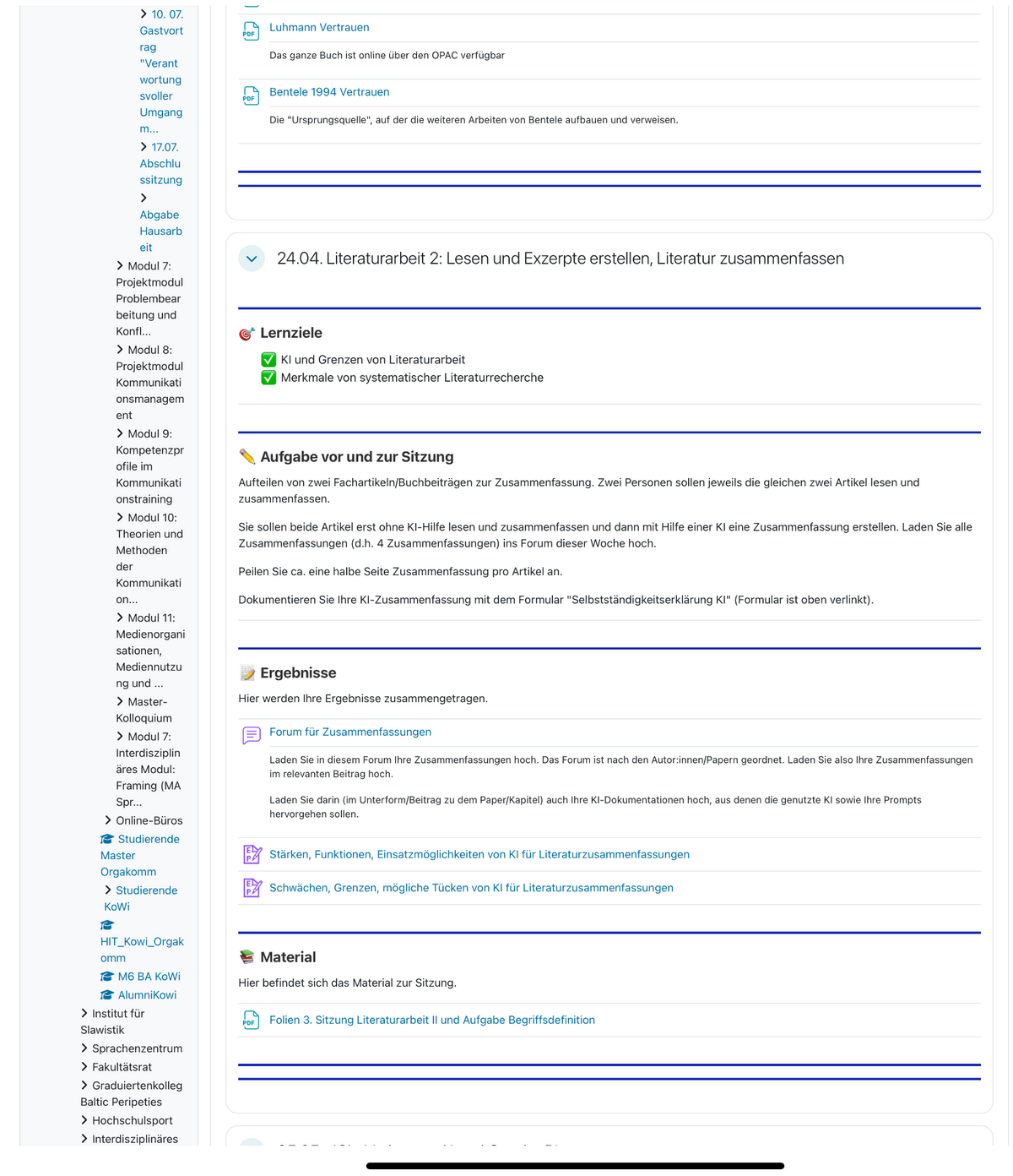 Beispielhafte Sicht für die einzelnen Themen im Moodlekurs