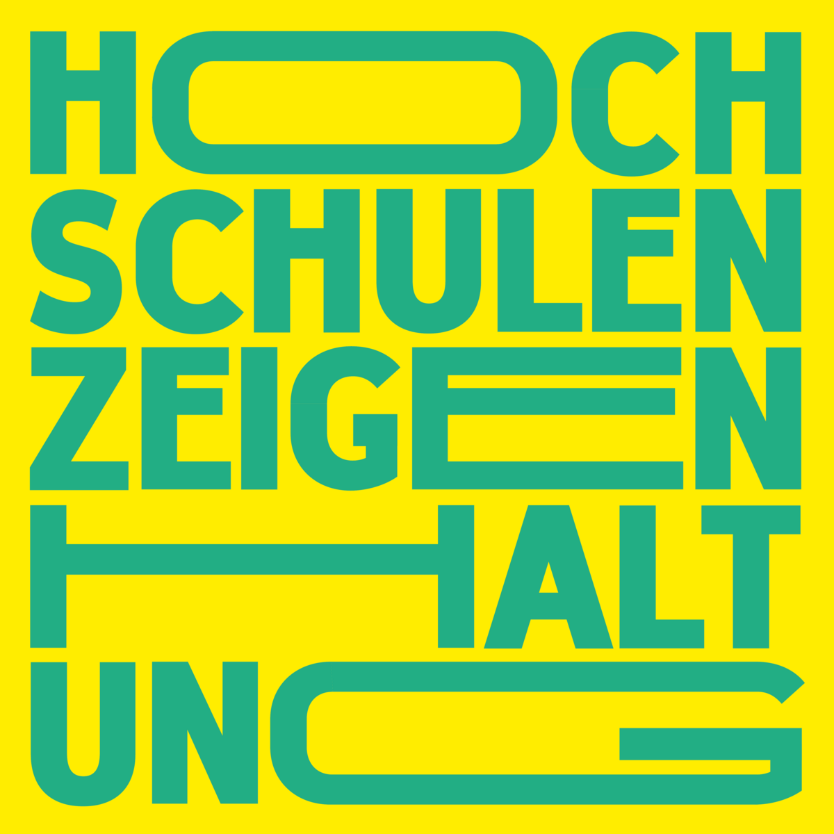 Kampagne „Hochschulen zeigen Haltung!“ Grafik / Gelbes Papier mit grüner Schrift: Kampagne „Hochschulen zeigen Haltung!“