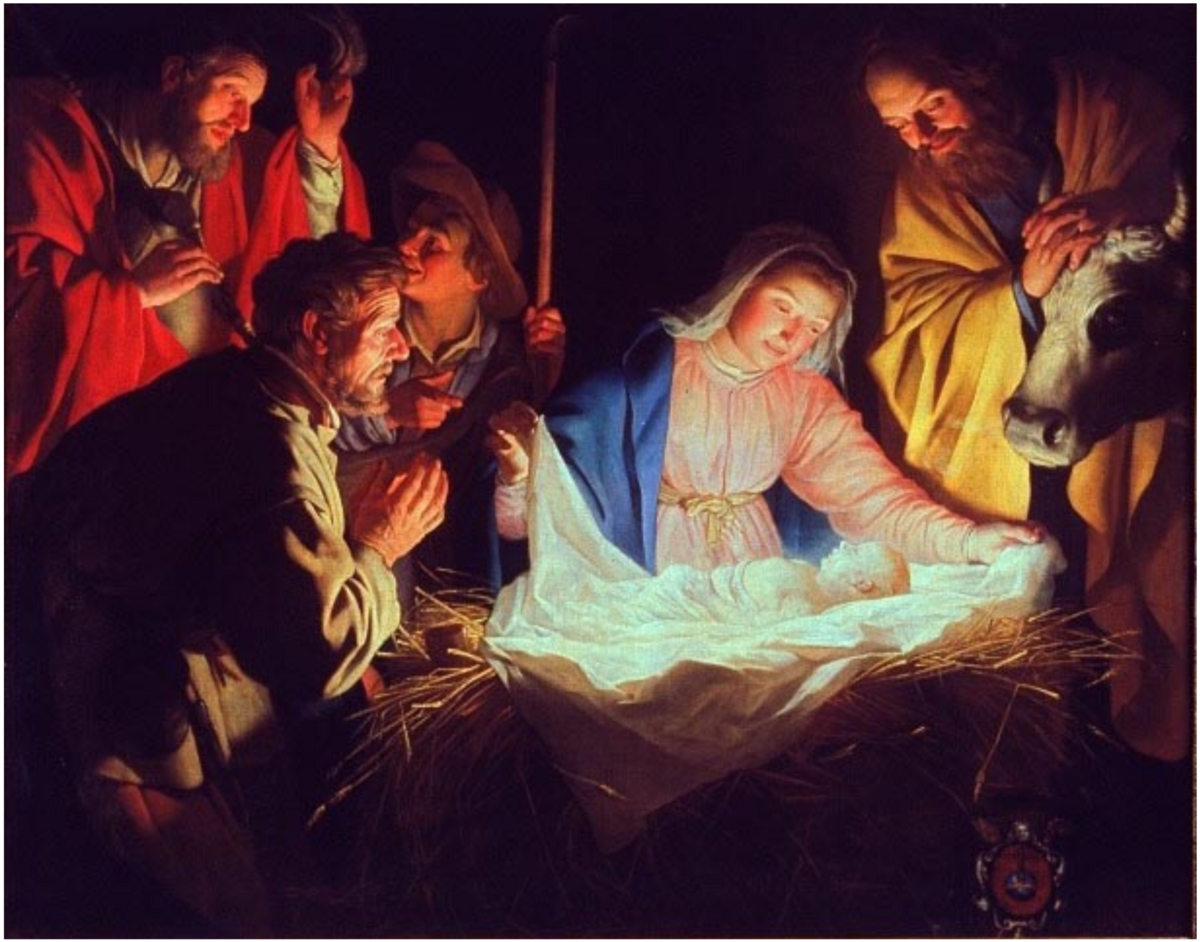 „Die Geburt Christi“ von Gerrit van Honthorst, um 1622, Wallraf-Richartz-Museum, Köln. Man sieht Maria,Josef und die Hirten um die Krippe versammelt. In der Mittedas leuchtende Jesukind.