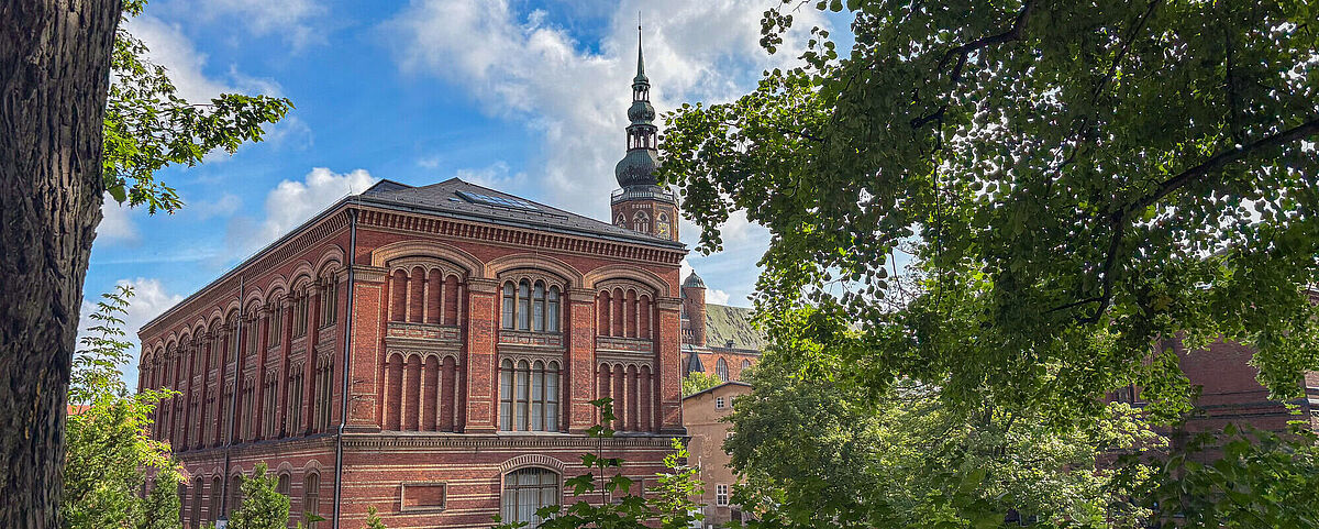 Alte Universitätsbibliothek Zwischen einem Rahmen aus grünen Blättern steht die rote, backsteinerne Alte Universitätsbibliothek.