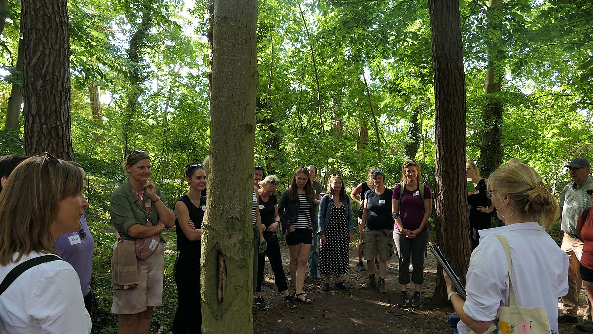 Eine Gruppevon Frauen steht im Wald im Kreis und unerhält sich.