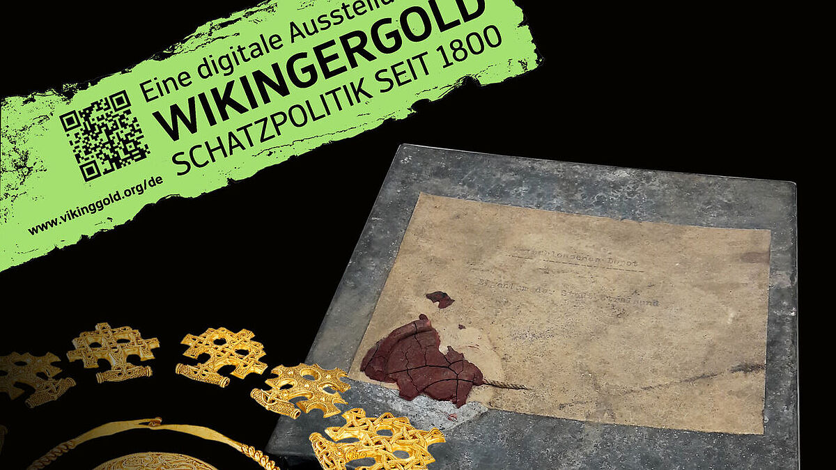 Plakat zur digitalen Ausstellung Wikingergold 2025. Motiv: Wer versteckt Wikingergold?