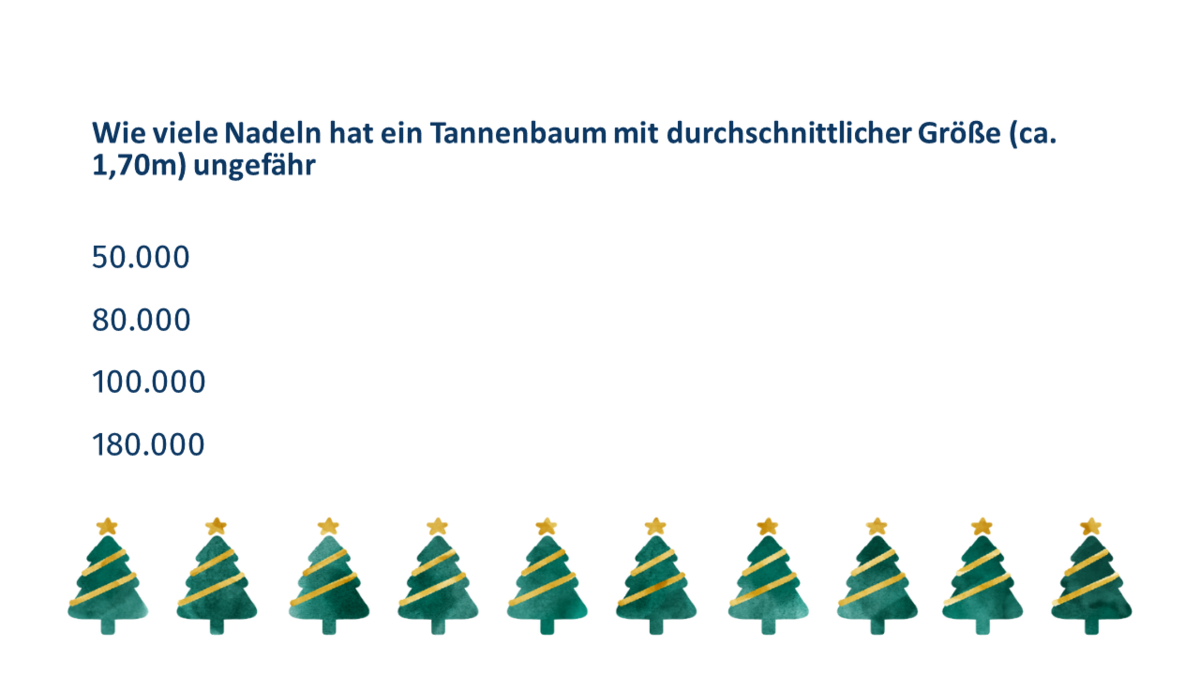 Quizfrage 7: Wie viele Nadeln hat ein Tannenbaum mit durchschnittlicher Größe (ca. 1,70 m) ungefähr? a. 50.000 b. 80.000 c. 100.000 d. 180.000