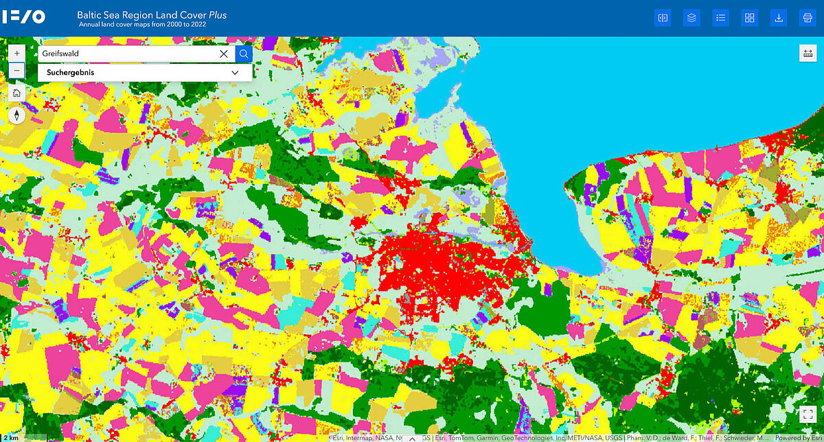 Kartenausschnitt Greifswald IFZO-Geoportal Die Region in und um Greifswald in der Kartierung von unterschiedlichen Typen der Landbedeckungen im IFZO-Geoportal.
