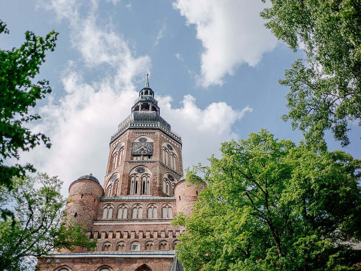 Blick auf den Dom St. Nikolai Blick auf den Turm des Domes St. Nikolai. Rechts und links stehen hohe Bäume mit grünem Laub..